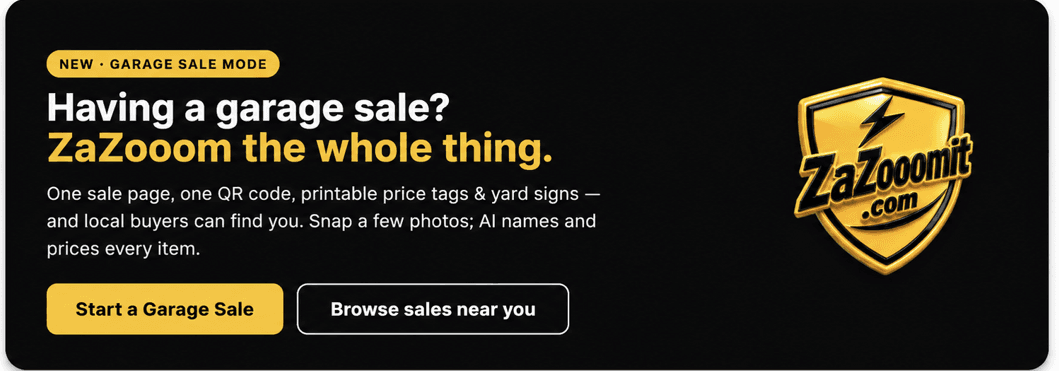 ZaZooomIt Garage Sale Mode - one sale page, one QR code, printable price tags and yard signs