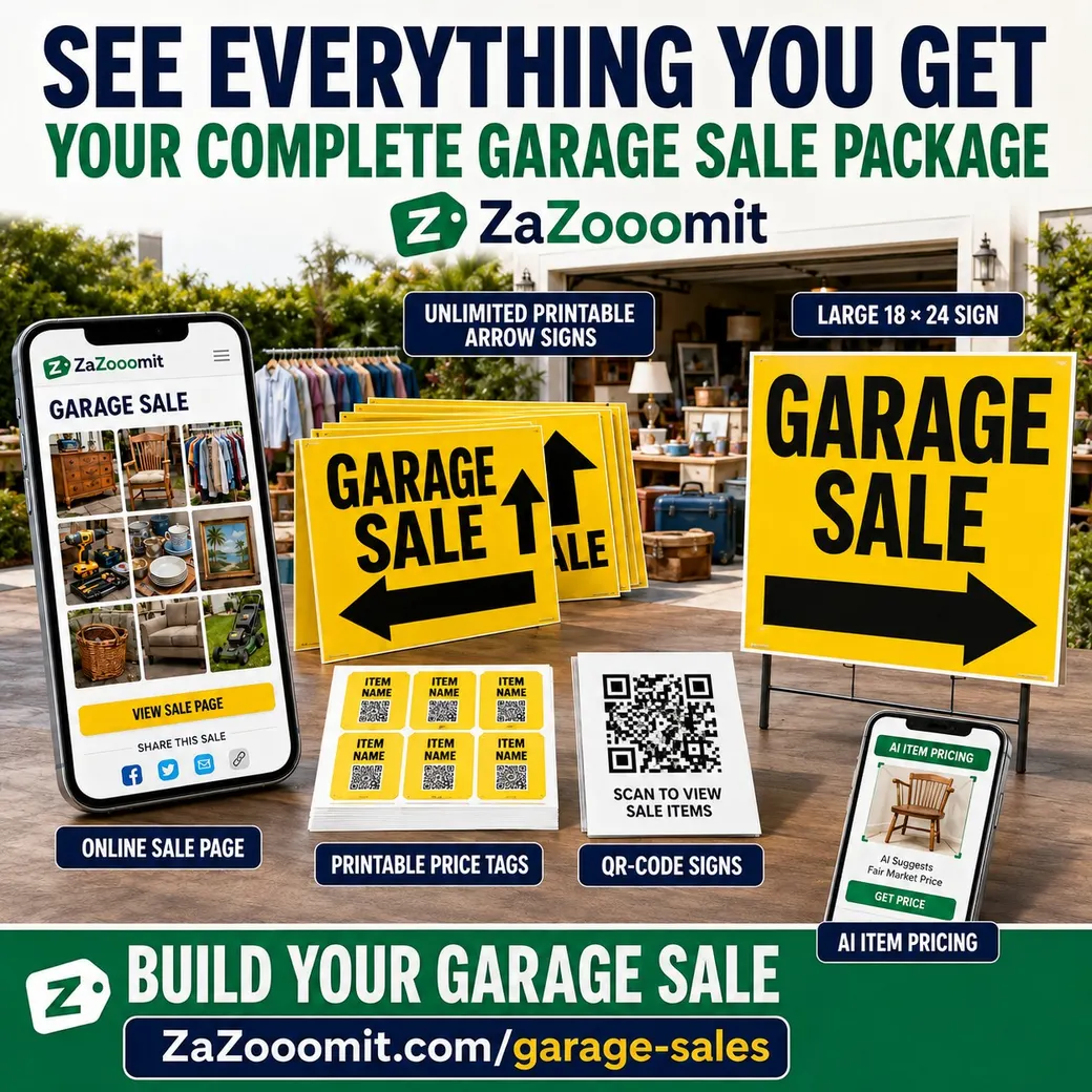 ZaZooomIt complete garage sale package: AI pricing, QR tags, printable signs