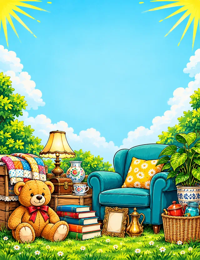 Color Pop garage sale sign background: a teddy bear, a lamp, books and a teal armchair on grass under a bright blue sky