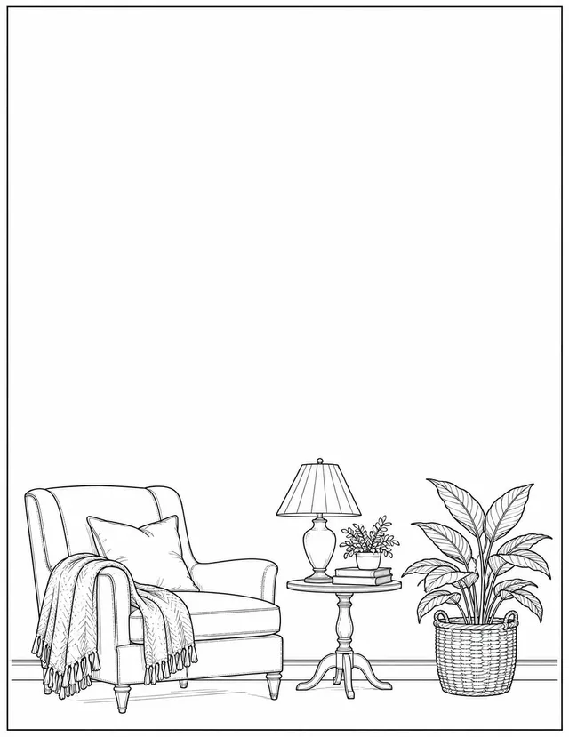 Ink Saver sign background: a black line drawing of an armchair, a side table with a lamp and a potted plant