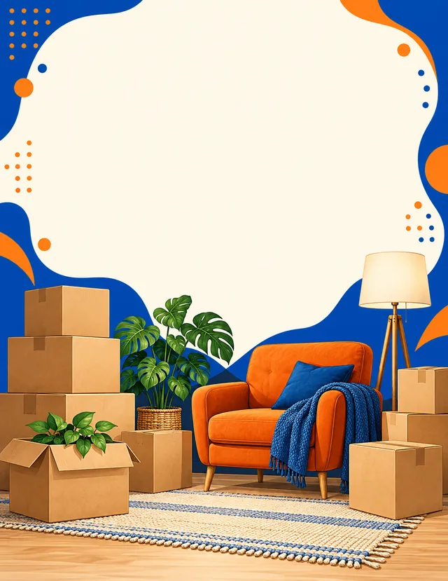 Moving Day sign background: cardboard boxes, a plant and an orange armchair in front of a blue and cream shape
