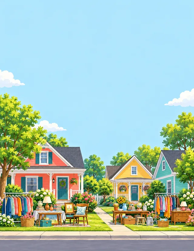 Neighborhood sale sign background: three colorful houses with sale tables and clothes racks on the lawns under a blue sky
