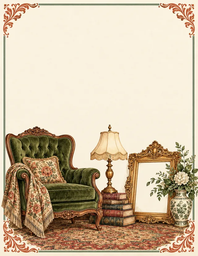 Vintage Finds sign background: a green velvet armchair, a fringed lamp, old books and a gilt frame inside an ornate border