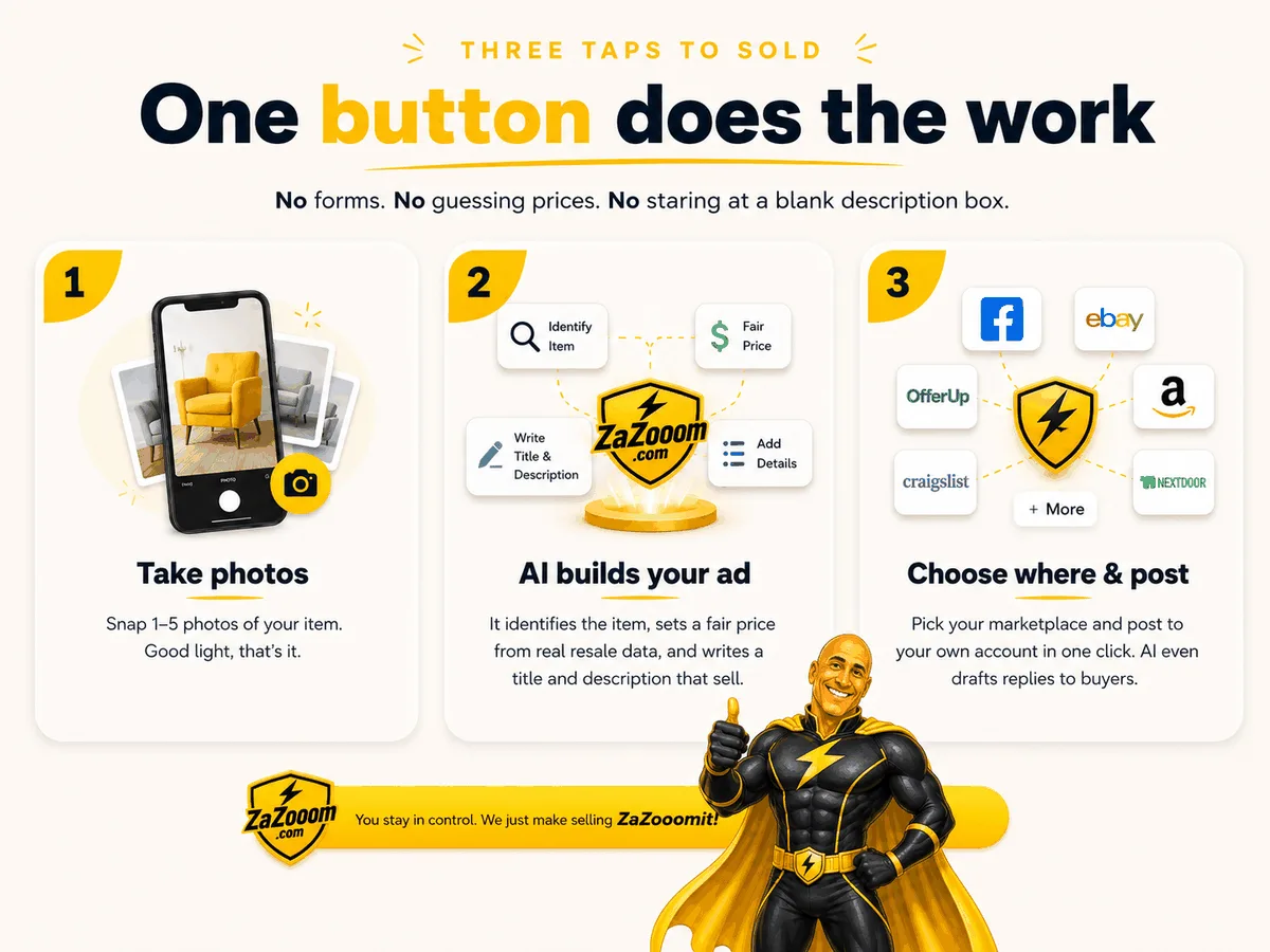 One button does the work — snap a photo, AI builds your ad and you press Post